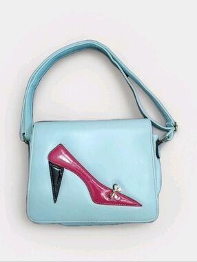 Unbranded Flap Over Saddlebag X-body Blue Bag W/Pink Stiletto Heel Motif Cute!👠
